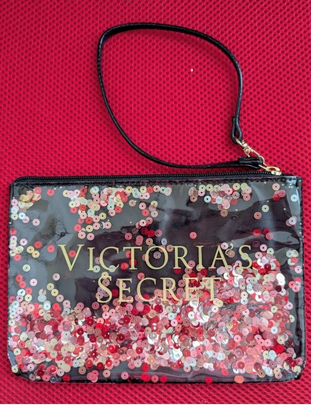 Victoria's Secret floating sequin clear clutch wristlet black makeup bag NWOT